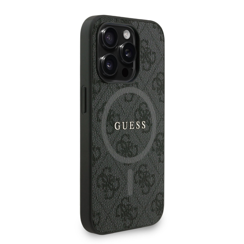 Guess PU bőr 4G színes gyűrűs pánt MagSafe hátsó borító iPhone 15 Pro Fekete
