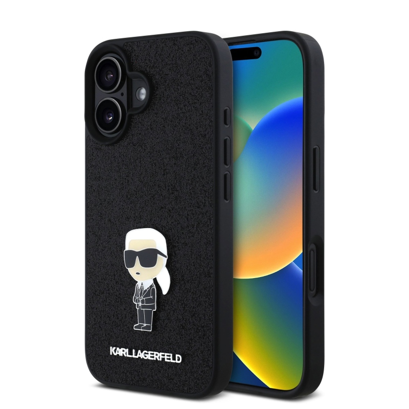 Karl Lagerfeld fix csillogó fém Ikonik hátlap iPhone 16-hoz Fekete