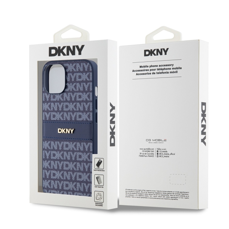 DKNY PU bőr ismétlődő mintás tonális csíkos hátlapi borító iPhone 14 kékhez