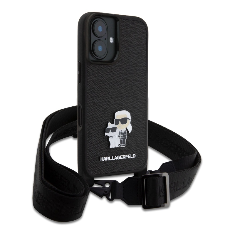 Karl Lagerfeld Saffiano Crossbody Strap Metal Karl és Choupette hátlapi borító iPhone 16 Plus-hoz Fekete