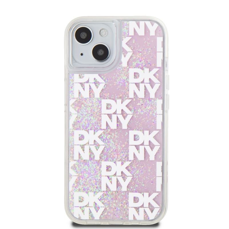 DKNY Liquid Glitter Checkered Pattern hátlapi borító iPhone 15 rózsaszínhez