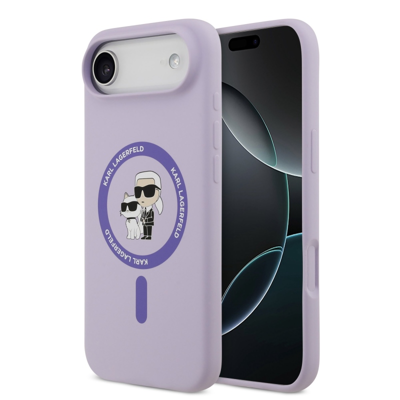 Karl Lagerfeld folyékony szilikon Karl és Choupette MagSafe hátlap iPhone 17 Air lila színű iPhone 17 Airhez