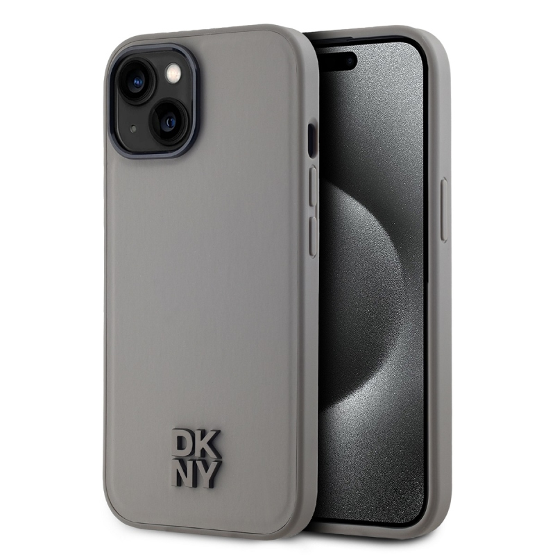 DKNY PU bőr Stack Logo Magsafe hátsó borító iPhone 15 szürke