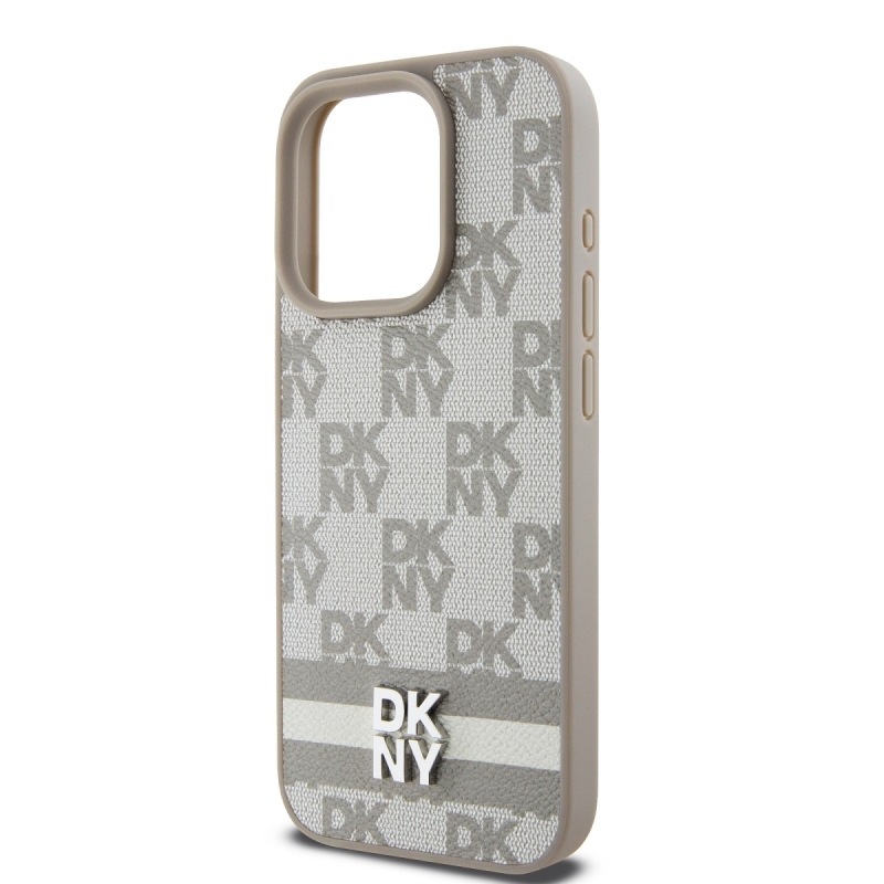 DKNY PU bőr kockás mintás és csíkos hátlapi borító iPhone 13 Pro bézs színű készülékhez