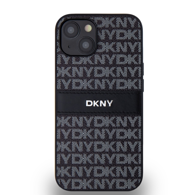 DKNY PU bőr ismétlődő mintás tonális csíkos hátlapi borító iPhone 14-hez Fekete