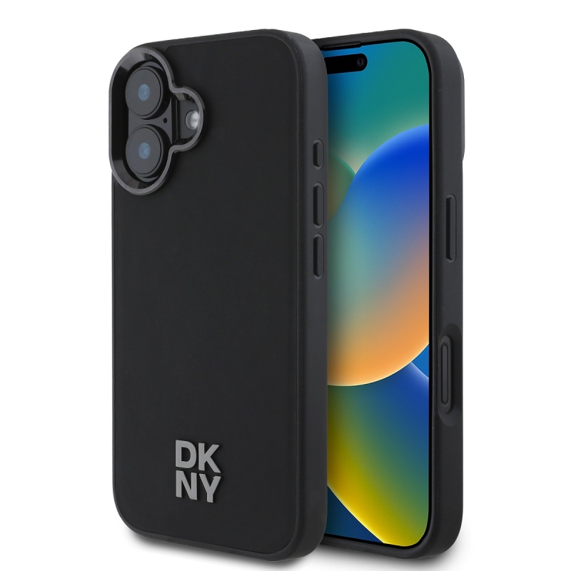 DKNY PU bőr Stack Logo Magsafe hátlap iPhone 16-hoz Fekete