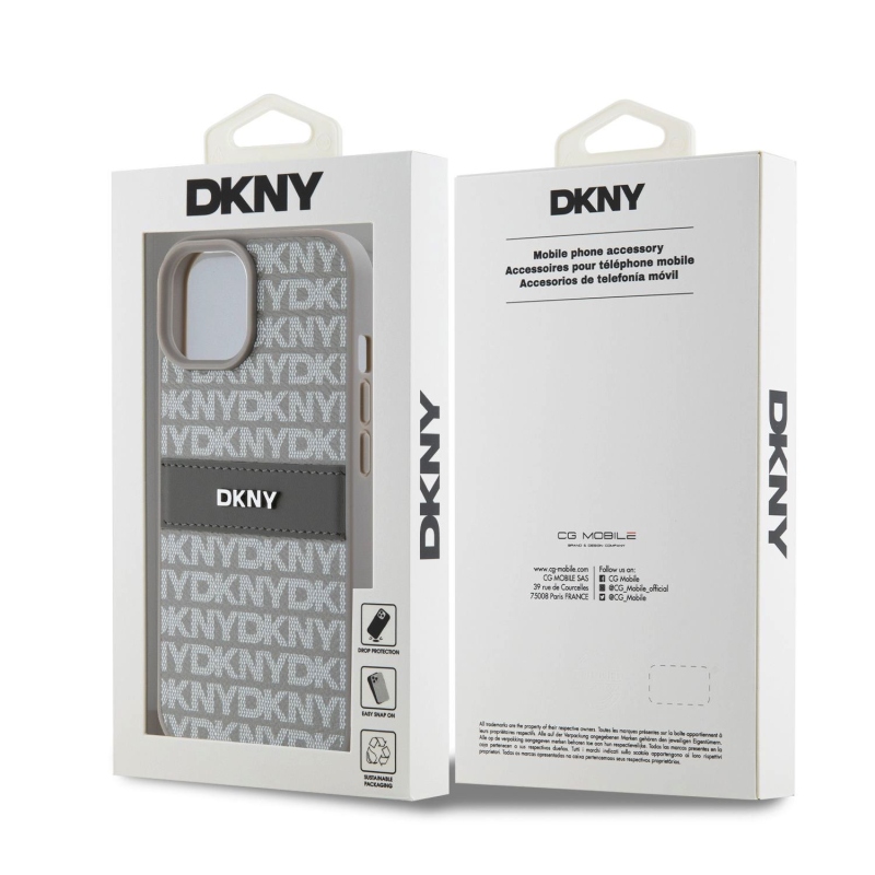 DKNY PU bőr ismétlődő mintás tonális csíkos hátlapi borító iPhone 15 bézs színűre