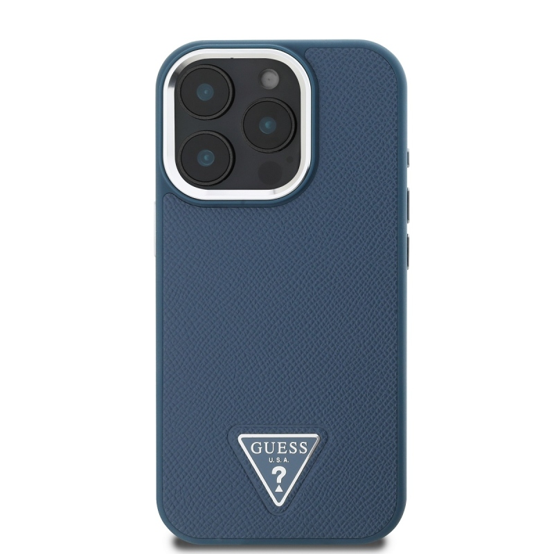 Guess PU szemcsés, háromszög alakú logós hátlap iPhone 16 Pro Max-hoz Kék