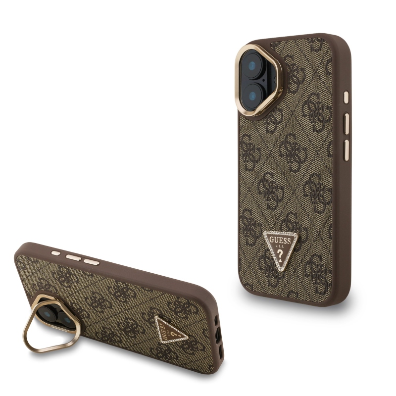Guess PU 4G Strass háromszög logó állvány kamera keret MagSafe hátlapi borító iPhone 16 barna barna