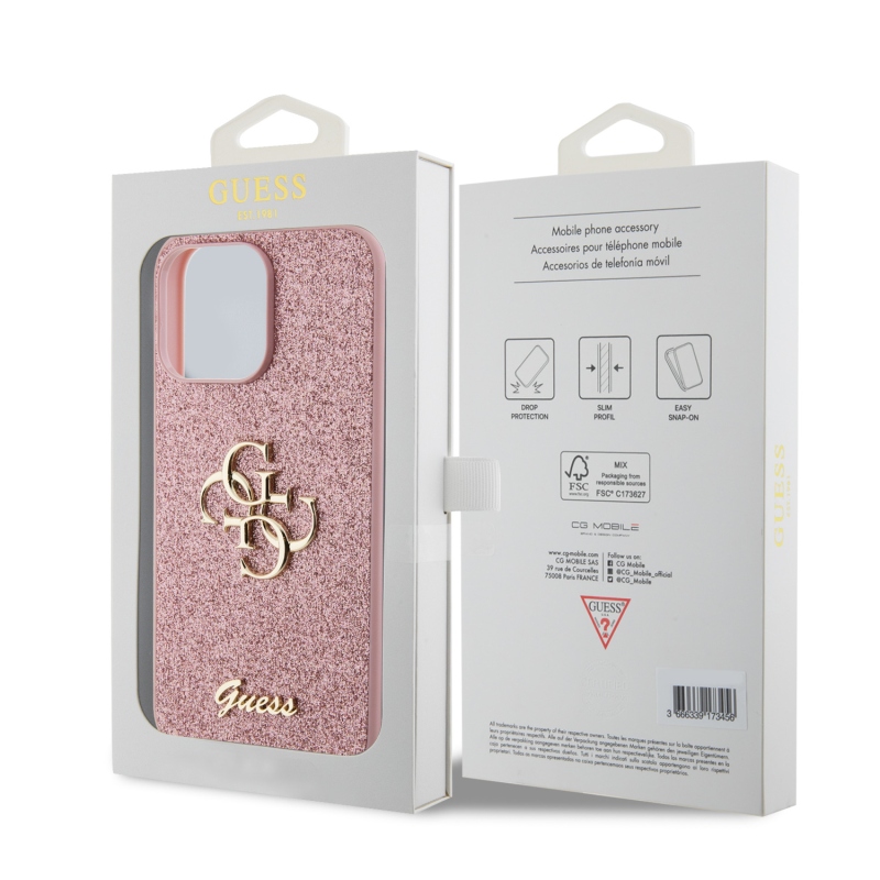 Guess PU Fixed Glitter 4G fém logós hátlap iPhone 15 Pro Max rózsaszínhez