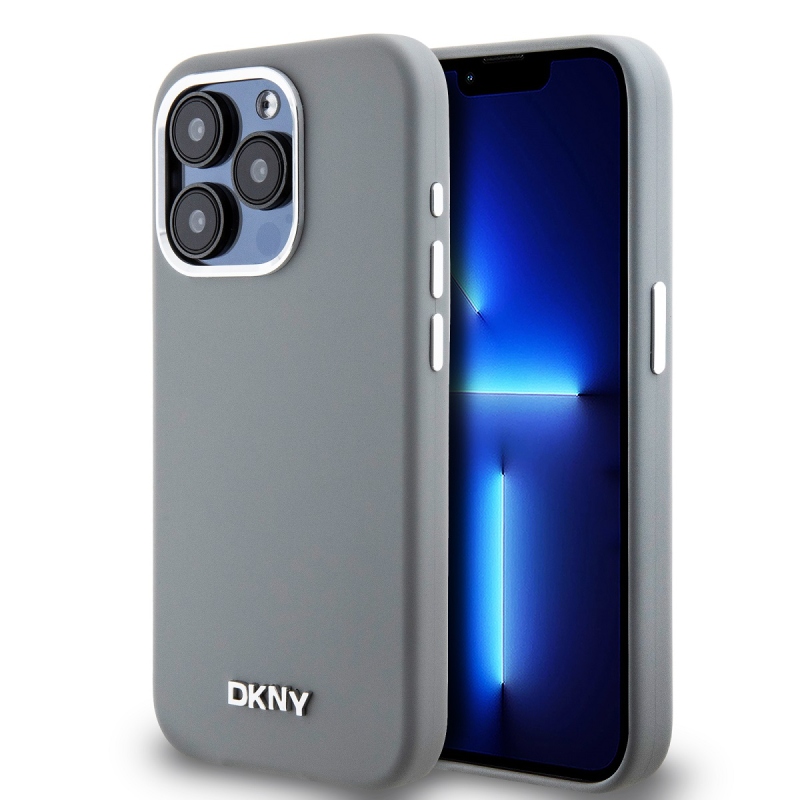 DKNY Liquid szilikon ezüst fém logó Magsafe hátlap iPhone 15 Pro szürke szürkéhez