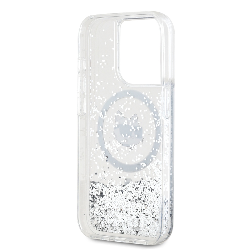 Karl Lagerfeld Liquid Glitter Choupette Head MagSafe hátlap iPhone 15 Pro Max-hoz Átlátszó