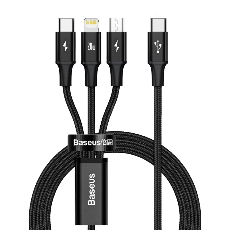 Baseus Rapid Series 3in1 gyors töltő adatkábel USB-C - USB-C/Lighting/MicroUSB 20W 1.5m Fekete