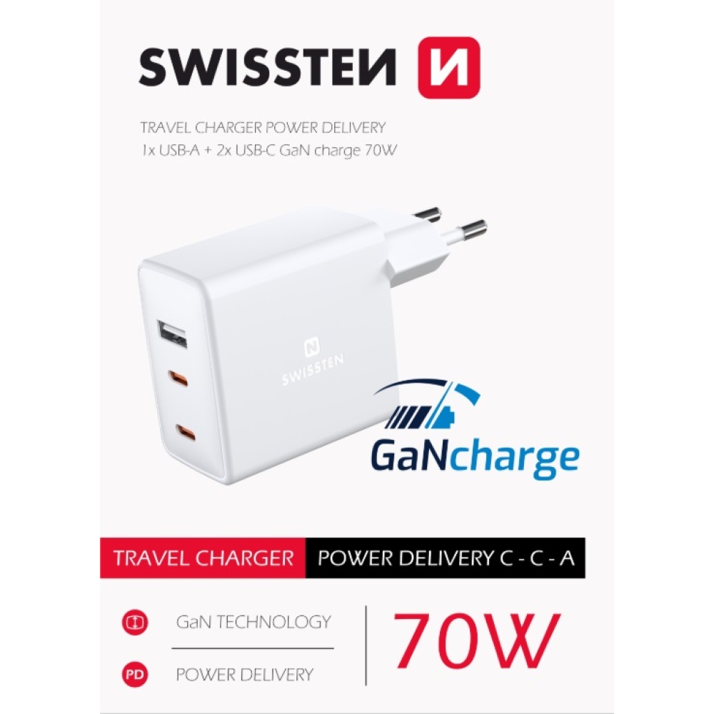 Swissten GaN 70W-os töltő, 2x USB-C, 1x USB - fehér