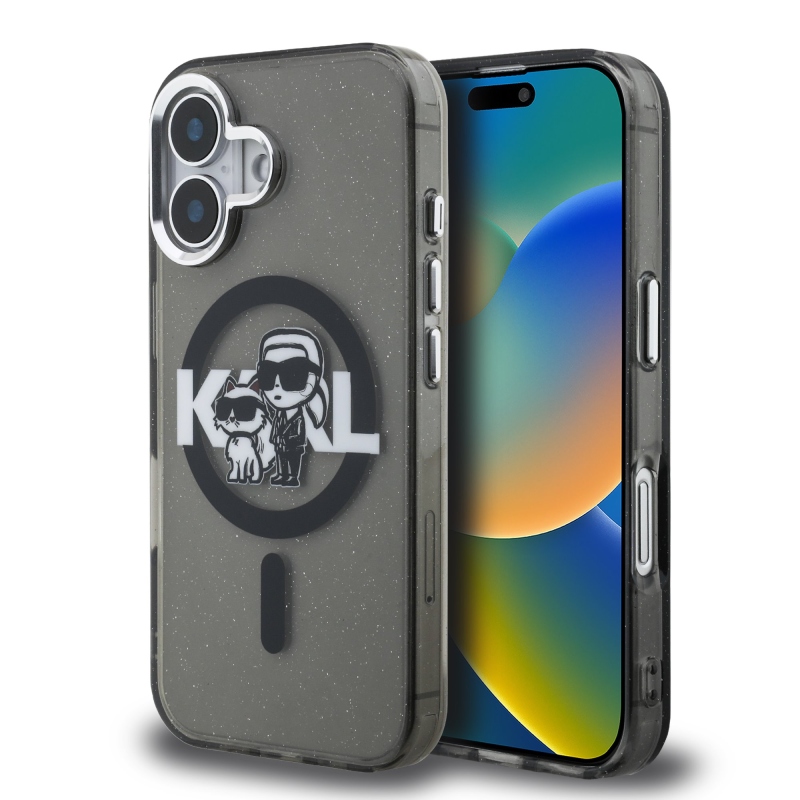 Karl Lagerfeld IML Glitter Karl és Choupette Sketch MagSafe hátlapi borító iPhone 16-hoz Fekete