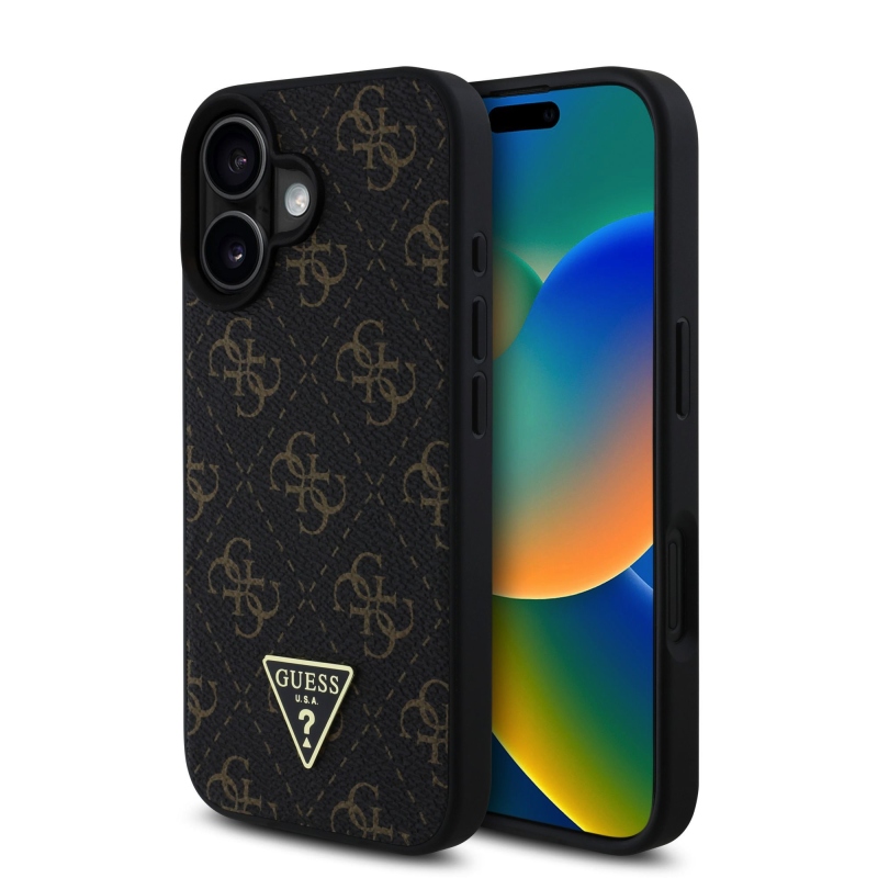 Guess PU bőr 4G háromszög fém logó hátlap iPhone 16 fekete