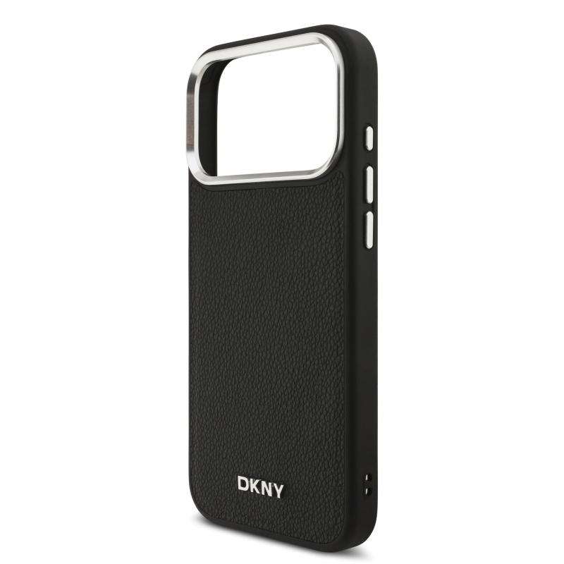 DKNY PU bőr fém logós csuklólánc MagSafe hátlap iPhone 17 Pro Max fekete színűre