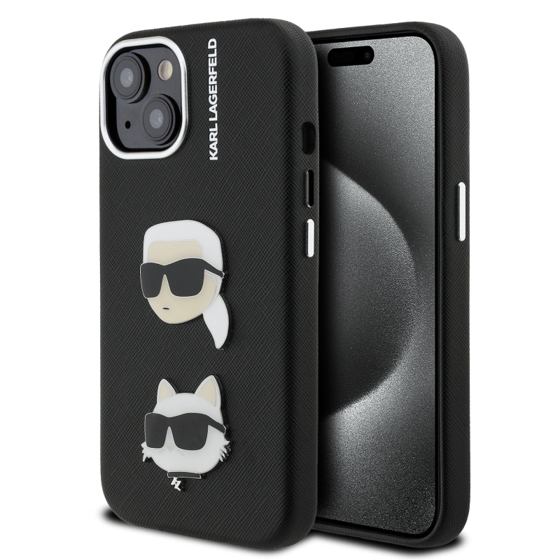 Karl Lagerfeld szemcsés PU K&CH Heads hátlap iPhone 15-hez Fekete