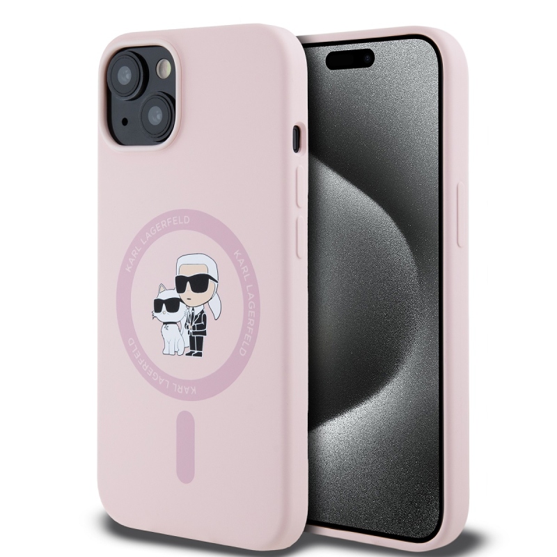 Karl Lagerfeld Folyékony szilikon Karl és Choupette Magsafe hátlap iPhone 14 rózsaszínű készülékhez