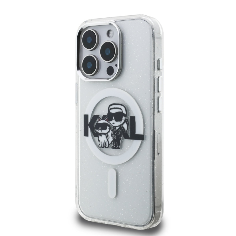 Karl Lagerfeld IML Glitter Karl és Choupette Sketch MagSafe hátlap iPhone 15 Pro-hoz Átlátszó