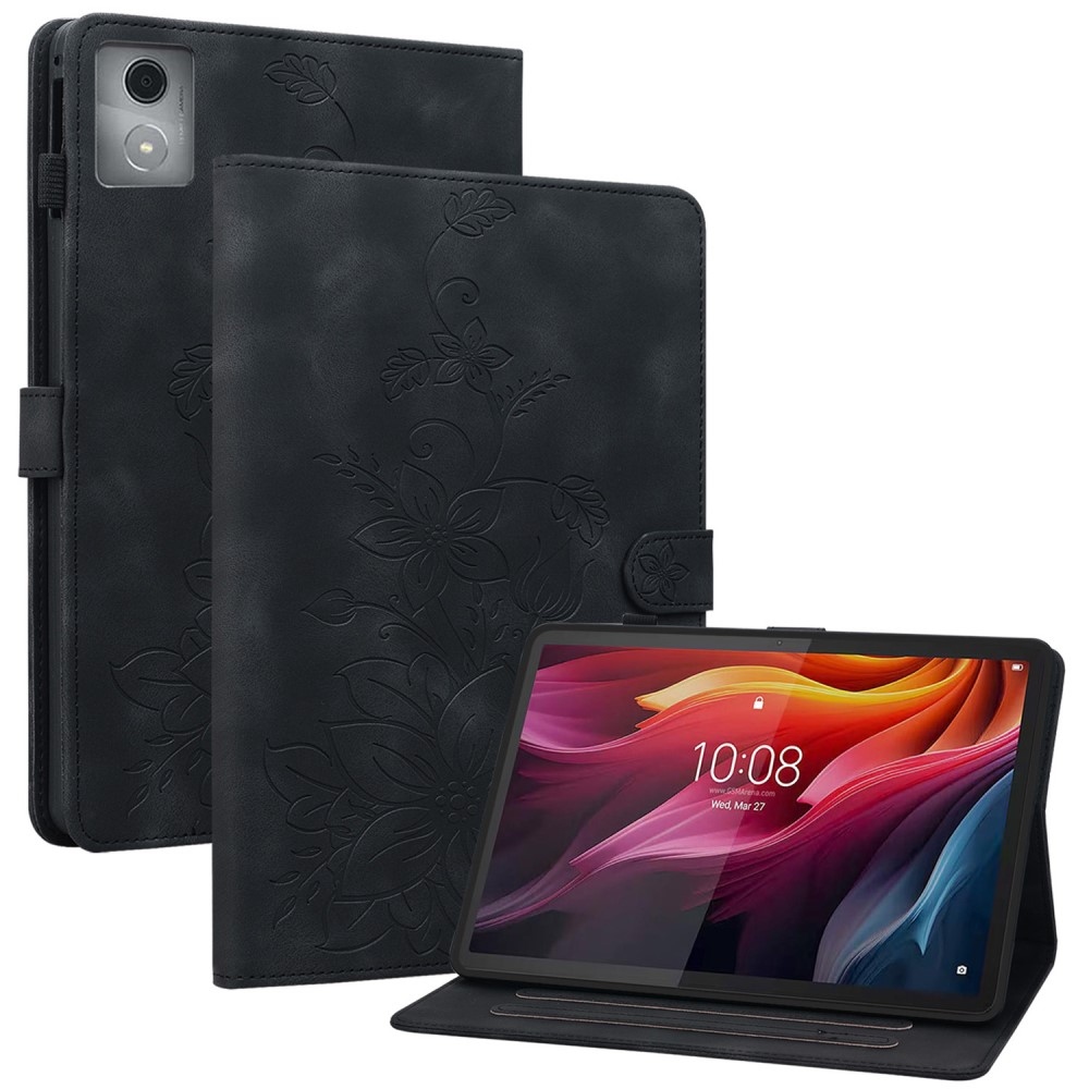Virágok záródó tok Lenovo Tab K11 Plus-hoz - fekete