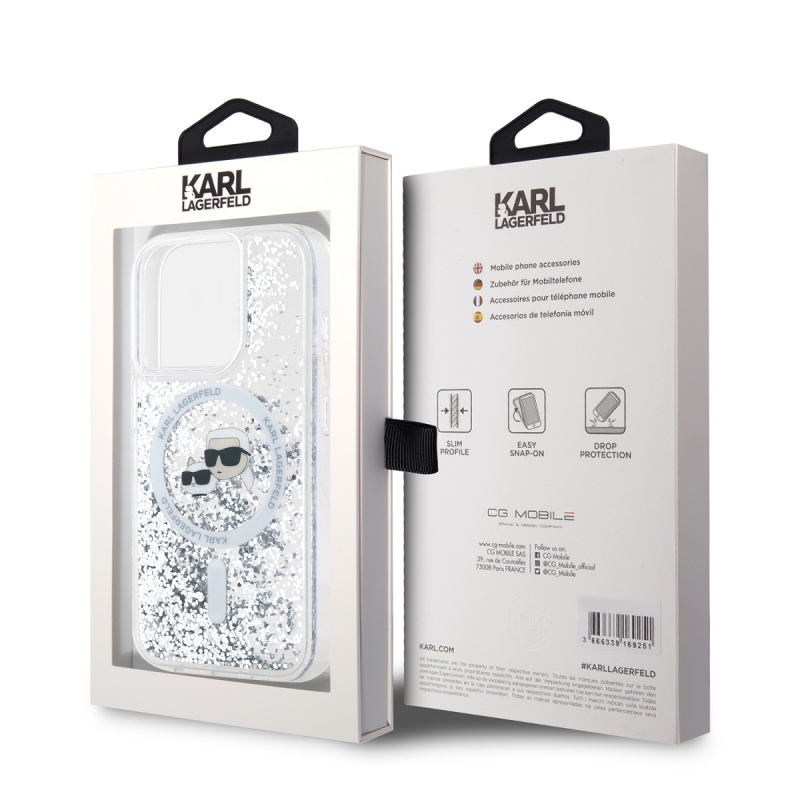 Karl Lagerfeld folyékony csillogó Karl és Choupette fejek MagSafe hátlap iPhone 15 Pro átlátszóhoz