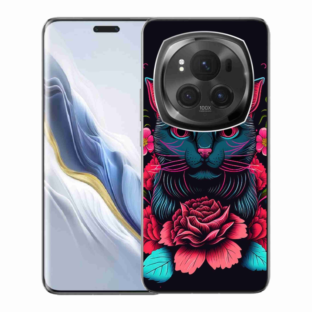 Gél borítás mmCase a Honor Magic 6 Pro 5G számára - virágok és macska
