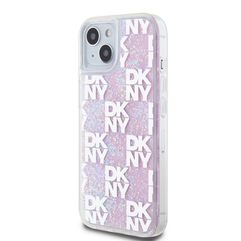 DKNY Liquid Glitter Checkered Pattern hátlapi borító iPhone 15 rózsaszínhez