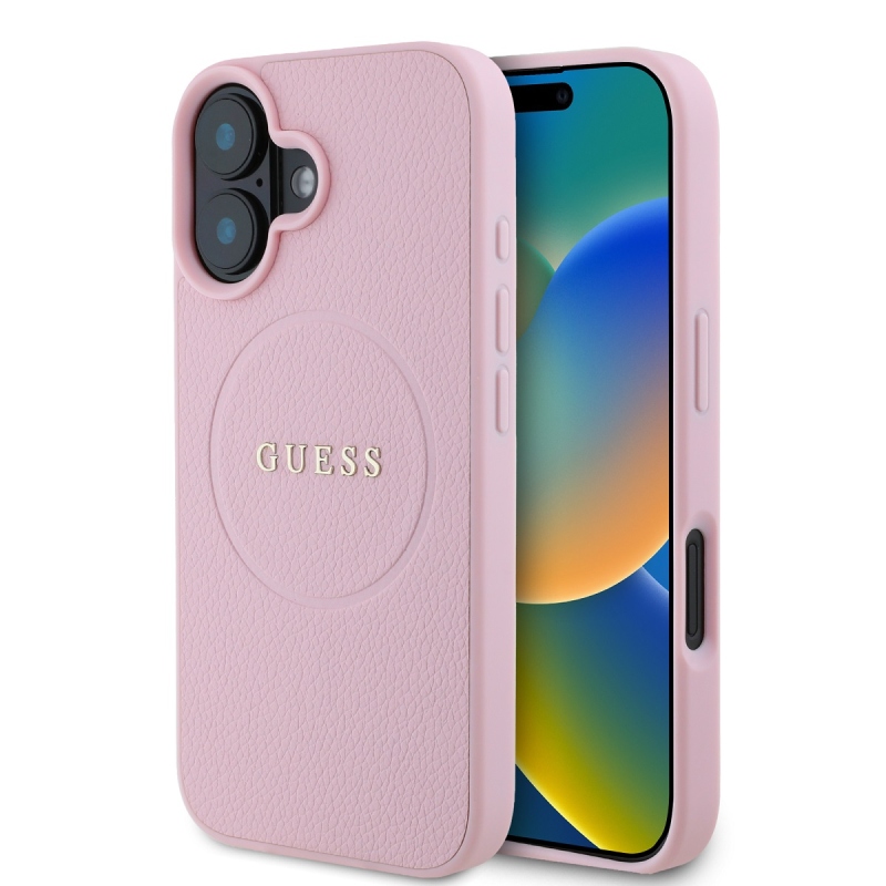 Guess PU szemcsés klasszikus logóval ellátott MagSafe hátlap iPhone 16 rózsaszínhez