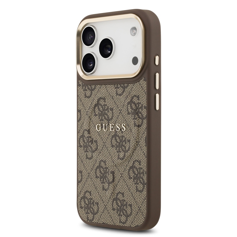 Guess PU bőr 4G aranykeret MagSafe hátlap iPhone 17 Pro barna színű borítóhoz