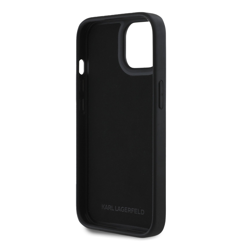 Karl Lagerfeld 3D gumiból készült, csillogó logós hátlap iPhone 15-hez Fekete