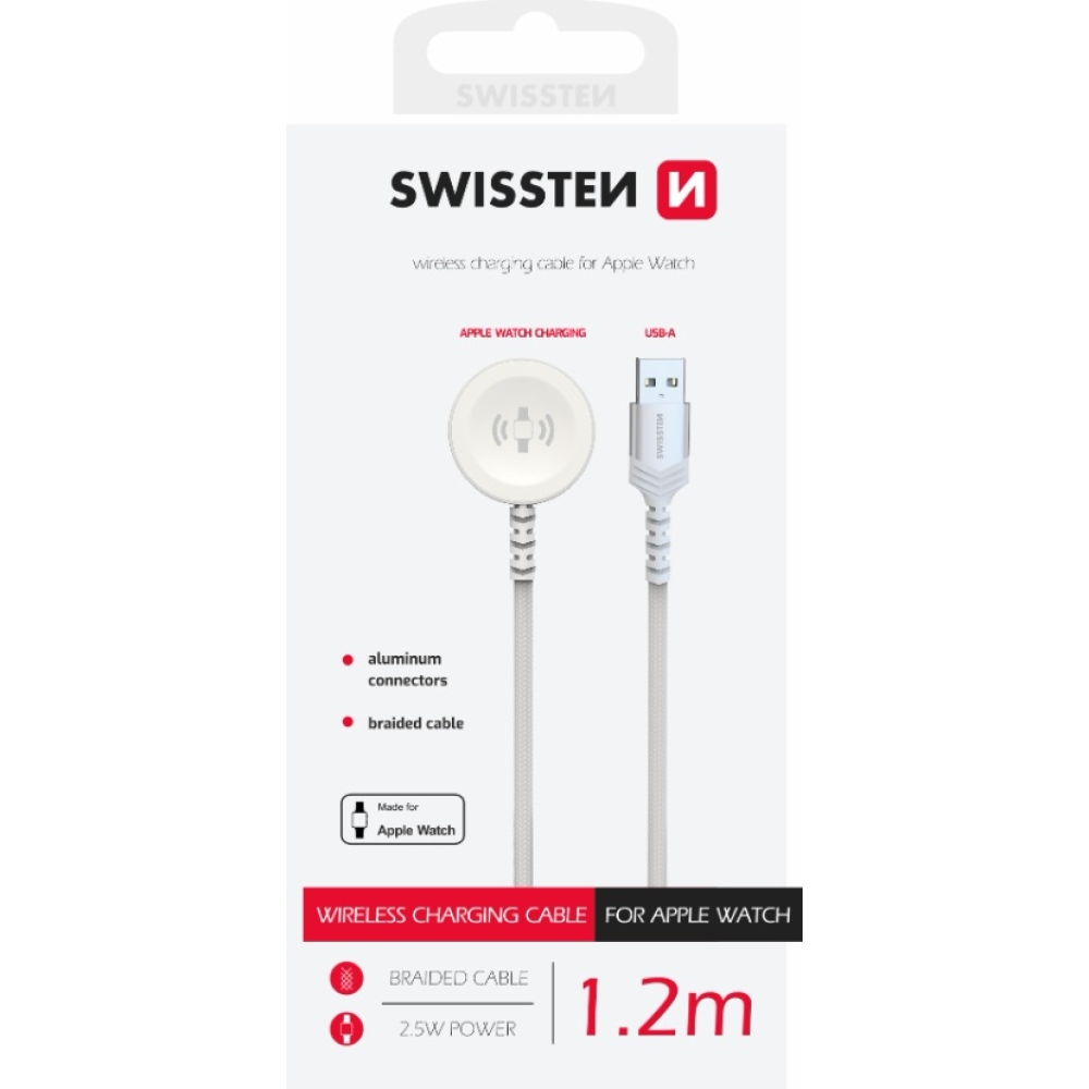 Swissten fonott fém mágneses kábel Apple Watch-hoz, USB-A 1,2 m - fehér