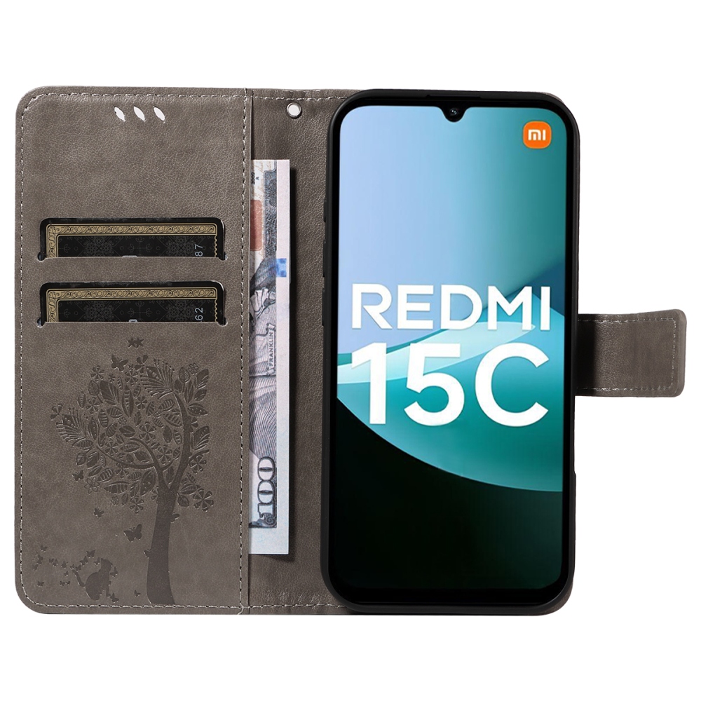 Fák könyv tok Xiaomi Redmi 15C 4G/5G (173mm) - szürke