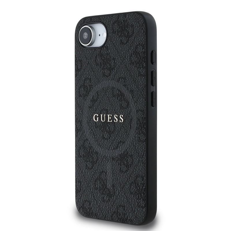 Guess PU bőr 4G színes gyűrűs MagSafe hátlap iPhone 16e Fekete