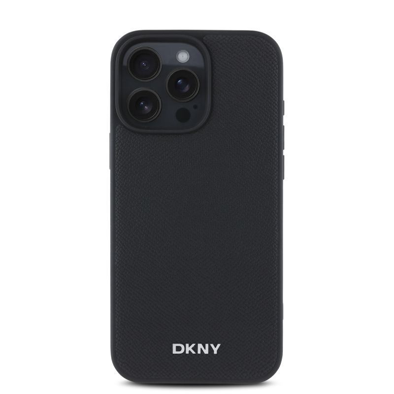 DKNY PU bőr ezüst fém logó Magsafe hátlap iPhone 16 Pro Fekete