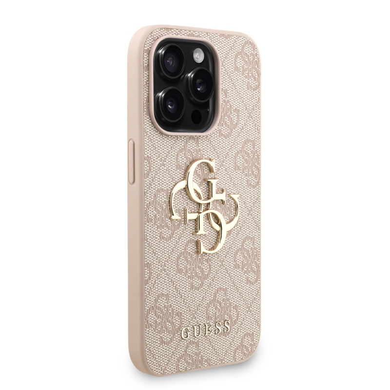 Guess PU 4G fém logós fém pánt hátlap iPhone 15 Pro Max rózsaszínű borítóhoz
