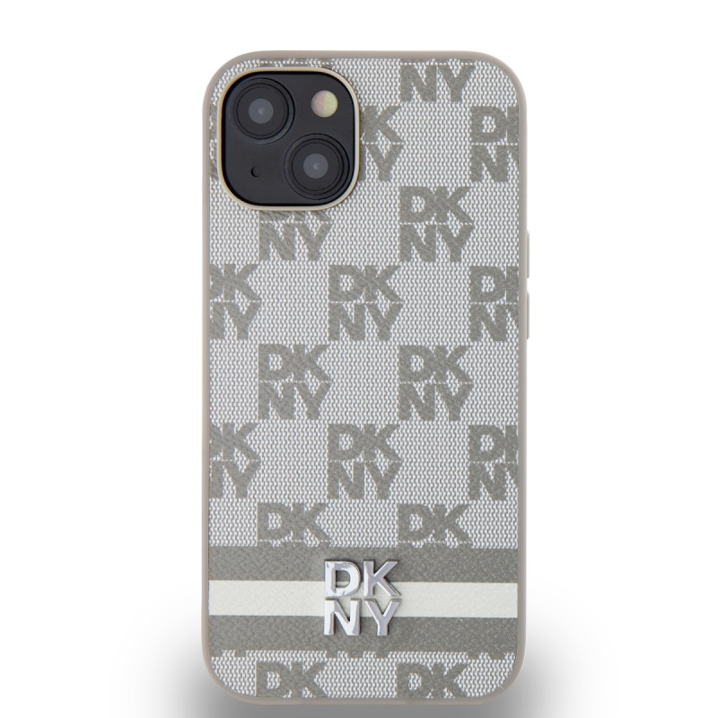 DKNY PU bőr kockás mintás és csíkos hátlapi borító iPhone 14 bézs színűre