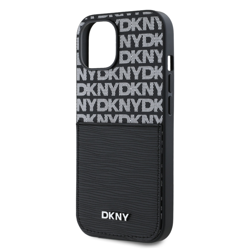 DKNY PU bőr Ismétlődő mintás kártya zseb hátsó borító iPhone 15 Fekete