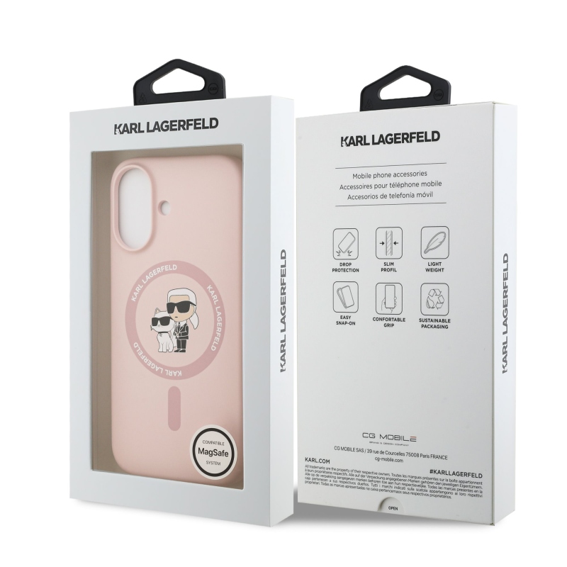 Karl Lagerfeld folyékony szilikon Karl és Choupette MagSafe MagSafe hátlap iPhone 17 rózsaszínhez