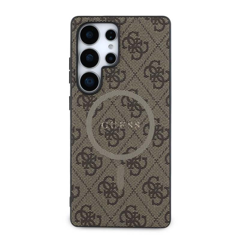 Guess PU bőr 4G színes gyűrűs MagSafe hátlap Samsung Galaxy S25 Ultra Brownhoz