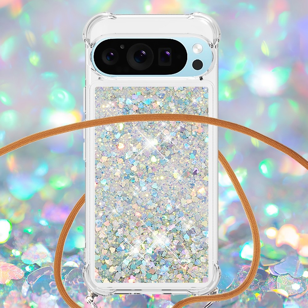 Csillogó homokóra zselés tok zsinórral a Google Pixel 10 Pro/Pixel 10 számára - ezüst/szívecske