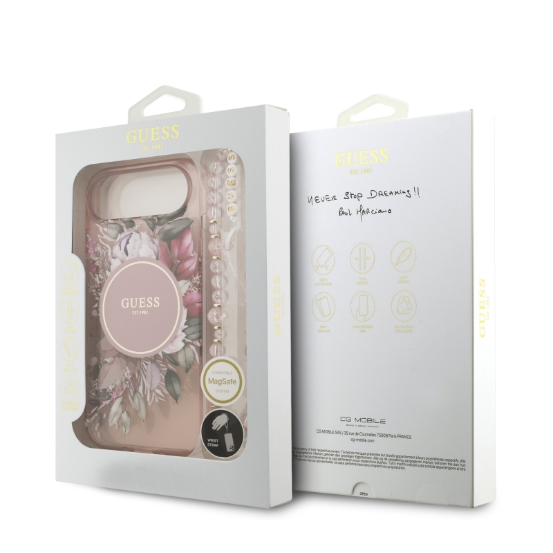 Guess IML Flowers Strap MagSafe hátlapi borító iPhone Air rózsaszínhez