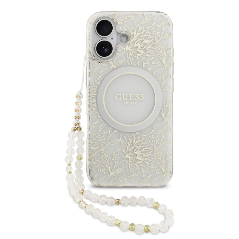 Guess IML Virágok Allover Strap MagSafe hátlapi borító iPhone 17 Fehér