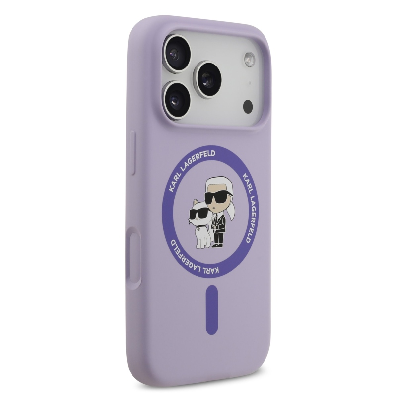 Karl Lagerfeld folyékony szilikon Karl és Choupette MagSafe hátlapi borító iPhone 17 Pro lilához