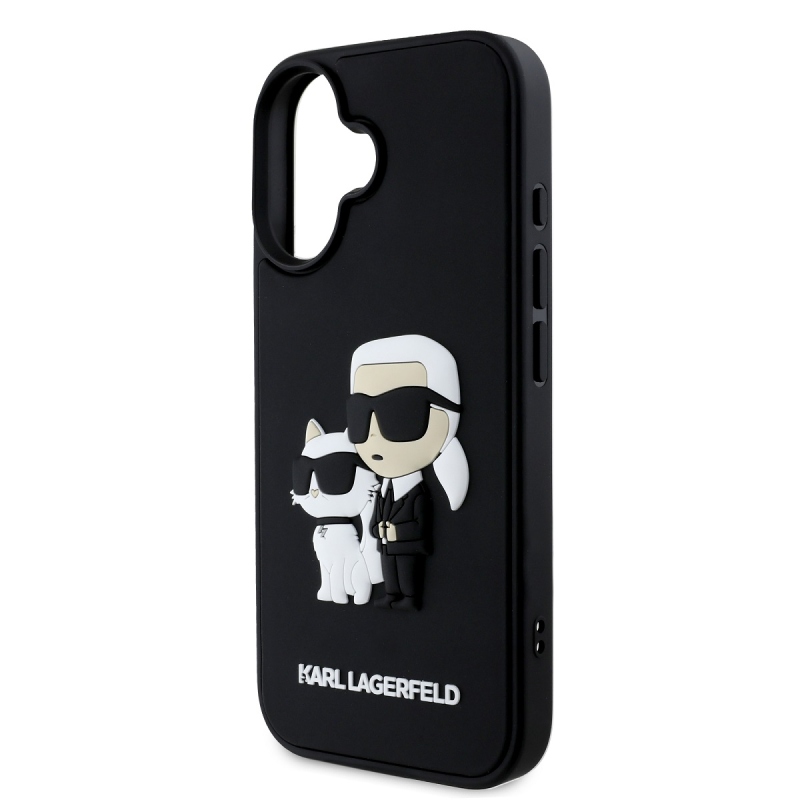 Karl Lagerfeld 3D gumiból készült Karl és Choupette hátlap iPhone 16 készülékhez Fekete