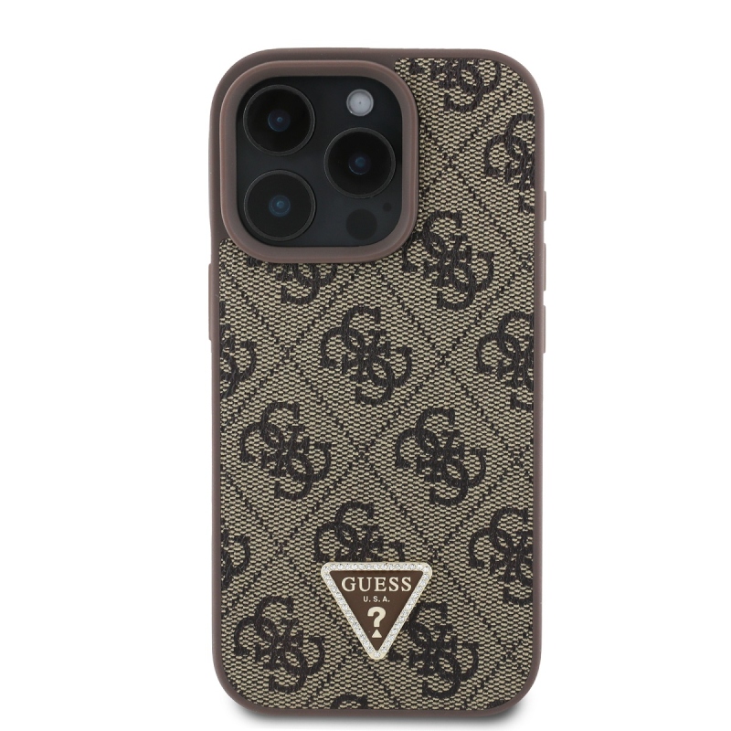 Guess PU 4G Strass háromszög fém logó hátlap iPhone 16 Pro barna színűre