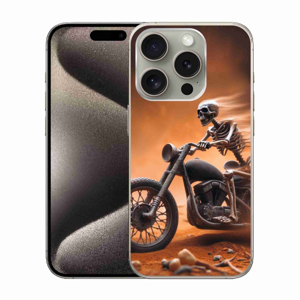 Zselés borítás mmCase iPhone 15 Pro készülékhez - csontváz egy motorkerékpáron