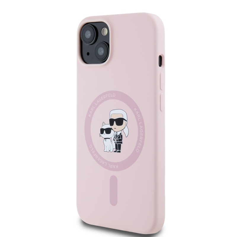 Karl Lagerfeld Folyékony szilikon Karl és Choupette Magsafe hátlap iPhone 14 rózsaszínű készülékhez