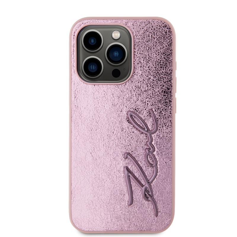 Karl Lagerfeld gyűrött PU aláírás logós hátlap iPhone 15 Pro Max rózsaszínű készülékhez