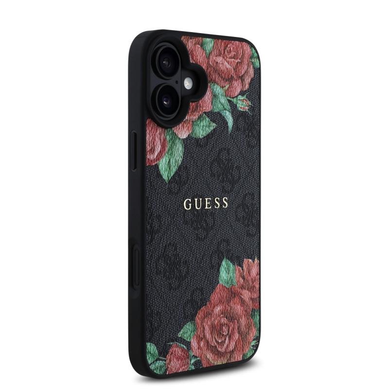 Guess PU bőr 4G rózsák MagSafe hátlap iPhone 16-hoz Fekete